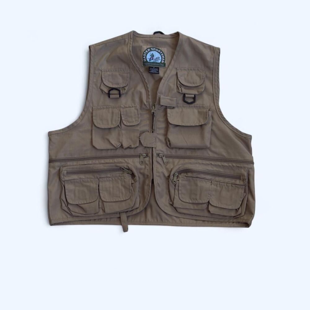 Master Sportsman Rugged Outdoor Gear Fly Fishing Vest Mens M Khaki Pockets Hunt